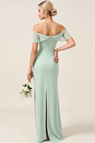 Mint Sheath Off the Shoulder Ruched Satin Long Bridesmaid Dress